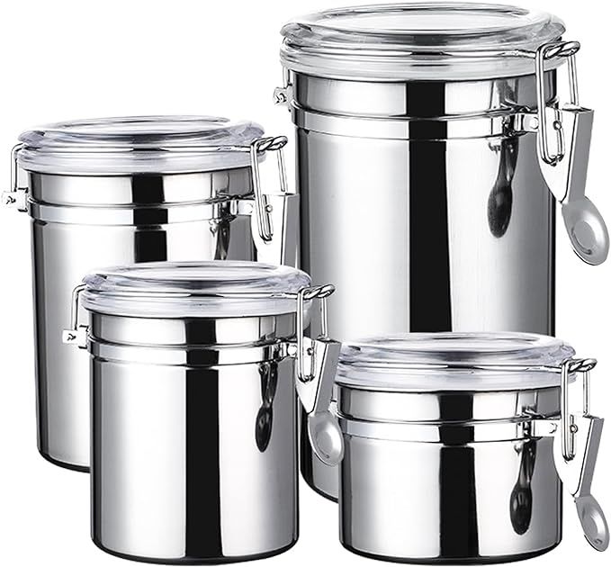 4 Pcs Airtight Stainless Steel Jar Canister Coffee Flour Sugar Tea Container Holder Coffee Milk Powder Fresh Storage Box