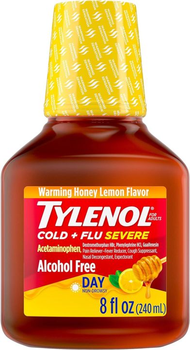 100% Original (Impoted) TYLENOL Cold + Flu Severe Day Liquid For Fever, Sore Throat, Cough, Congestion & Minor Pain Relief in Pakistan
