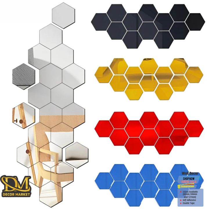 6PCS Hexagon 3D Mirror Wall Stickers Self Adhesive Decorative Acrylic Decals