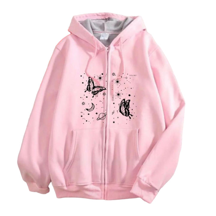 PINK BUTTERFLY & STARS PRINTED FLEECE FULL SLEEVES ZIPPER HOODIE FOR WOMEN