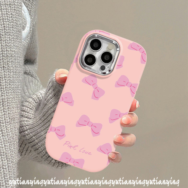 Cartoon Doodle Pink Bow Case for Oppo A17K A17 A60 A35 A57 A15 A16 A18 A7 A53 A38 A55 A58 A11 A12 A5 A5s A54 A76 A78 A79 A77 A74 A15s A9 A98 A52 A3s Reno 5 5F 4F Plating Metal Case