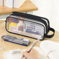 1 Piece 2 Compartment Pen Bags Clear Handheld Multifunction Pencil Pouch For Teen Students Black. 