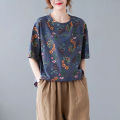 Women Loose Shirt Plus Size Short Sleeves Tops Round Neck Pullover Floral Printing Blouse. 