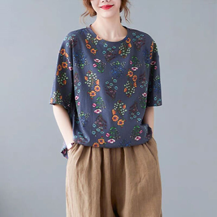 Women%20Loose%20Shirt%20Plus%20Size%20Short%20Sleeves%20Tops%20Round%20Neck%20Pullover%20Floral%20Printing%20Blouse%20-%20Image%206