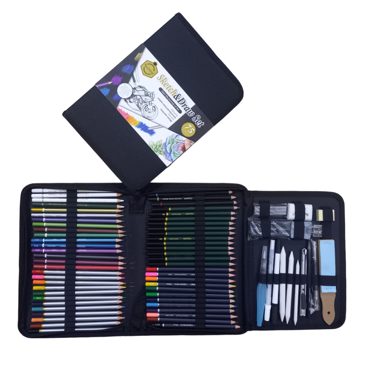 75pcs Professional Sketch and Drawing pencils set kit in fabric pouch, Color Pencils Charcoal Pencil blenders erasers paper cutter sketching kit