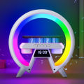 3 in 1-Latest/Smart-G shaped, Wireless charger-Pad/Stand, Multifunction-USB\Bluetooth Speaker, Alarm-Digital Clock, Led/Night-Lamp/Lamps for-room/Side table/Bedroom-Atmosphere-Colorful, RGB lights-Wireless, Mini/Portable-Speaker/clock for study/table/desk. 