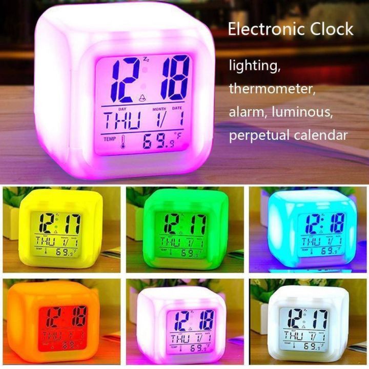 Digital Table Clock 7 Color Changing Led Lights Big Size Big size Digital Screen Temperature & Calendar & Battery Operated Glowing LED Table Alarm Clock