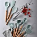 12Pcs-Silicone Kitchenware Set Kitchen Utensils Cooking Sets Non-stick Spatula Silicone Kitchen Tools with Wooden Handle Heat Resistant Non-Toxic BPA Free. 