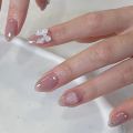 24pcs Pink Nail Patch Sweet Korean Style False Nails Full Cover Wear White Bow Decortive Press on Nails for Girls Women. 