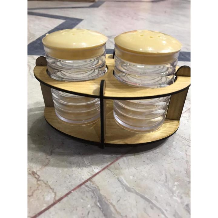Salt and Pepper Set with Beautiful Wooden Stand (Namak Dani)