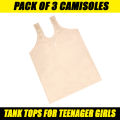 Pack 3 Broad Wide Straps Soft Cotton Full Camisole For Girls Long Shameez  Long Tank Tops & Slips For Girls Summer - Skin/Black/White. 