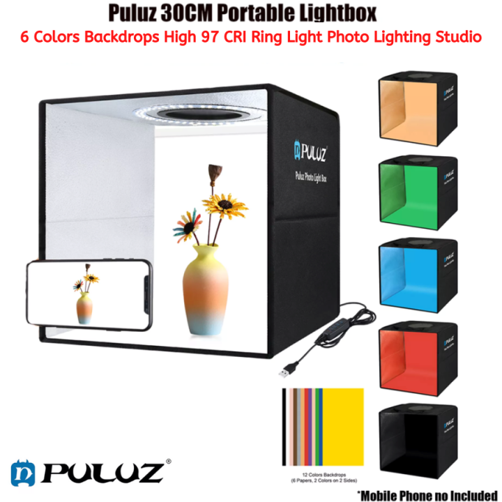 PULUZ 30cm Photo Studio Light Box Photography Portable Folding Photo Booth Shooting Tent Kit Dimmable CRI&gt;95 112pcs LED Ring Lightbox with 6 Colors Photo Backdrops
