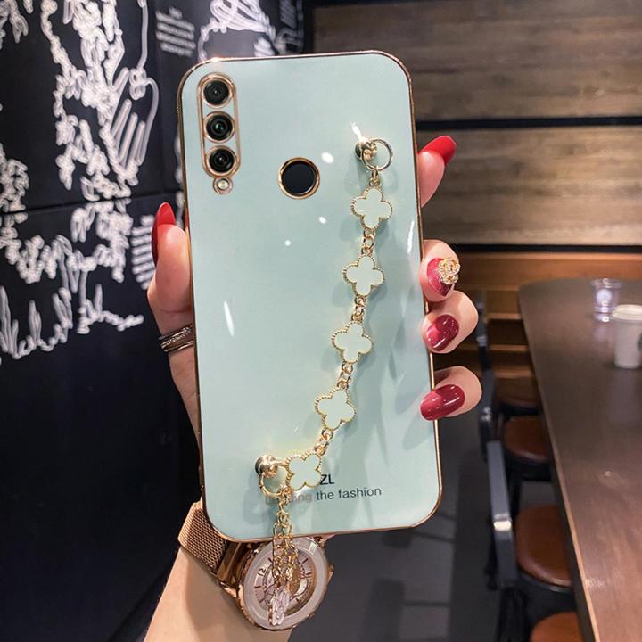 For Huawei Y6P Back Cover with Bracelet Wristband Luxury Clover Chain 6D Plating Frame Shiny Girls Cases Soft Silicone Square Protective Mobile Phone Case