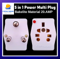 5 in 1 Multi Power 3 Pin Plug Socket, Power Multi Socket Plug Bakelite Material 20 Amp High Quality. 