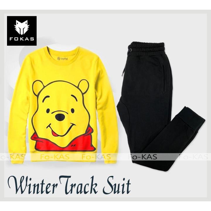 New Arrrival Winnie The Pooh  Printed Tracksuit Thick and Fleece Fabric Sweat Shirt & Trouser For_Boys_&_Girls Track Suit Trendy Fashion Wear