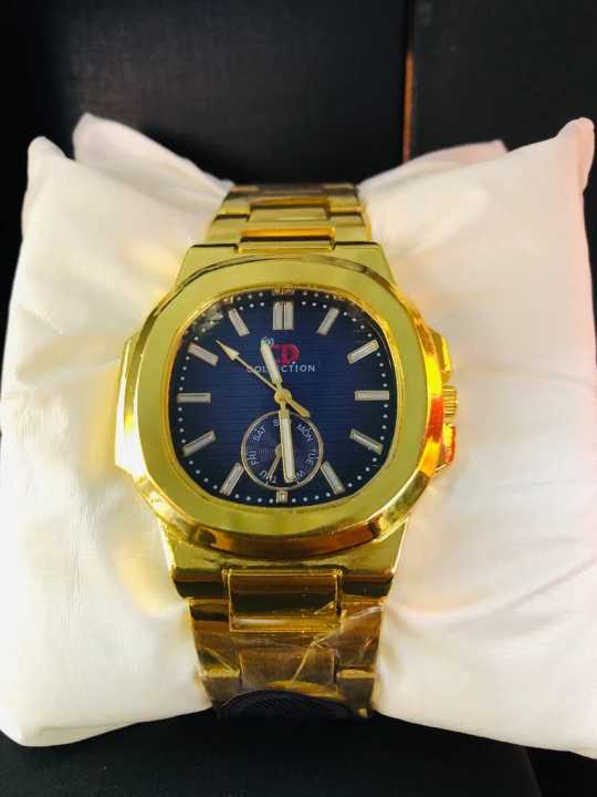 Gold-Tone Metallic Watch with Blue Dial & Day-Date Subdial | Daraz.pk