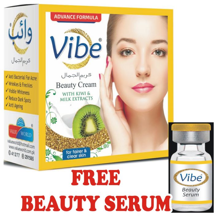 VIBE WHITENINGS BEAUTY CREAM WITH FREE BEAUTY SERUM MULTI VITAMINS FOR FACE FRESHNESS, FRECKLES, ANTI WRINKLES DARK CIRCLES ALL SKIN TYPES, 30 G MILKY WITH KIWI MILK EXTRACTS 3.5 ML