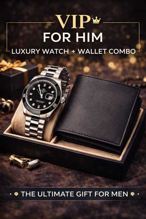 Luxury Men's Analog Quartz Watch with Calendar - Black Leather wallet Combo Set - Waterproof Stainless Steel Wristwatch for Men - Stylish Fashion Gift Box Set - New 2026 Edition