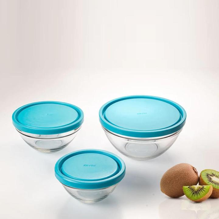 3 piece Glass bowl set with plastic lid BOWLS 3-Piece Glass Bowl Set, Nesting Glass Mixing / Storage Bowls with Lids, Stack able Storage Bowl Set, Container with Plastic lid