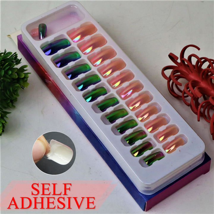 Fashion 24 pcs Set of Chrome Magnetic False Nails / Sticky Glue ADHESIVE Nail / Press on Nails Set For Girls / Artificial Chrome Nails For ladies / Professional and Branded nails for women / Fashion Nahun