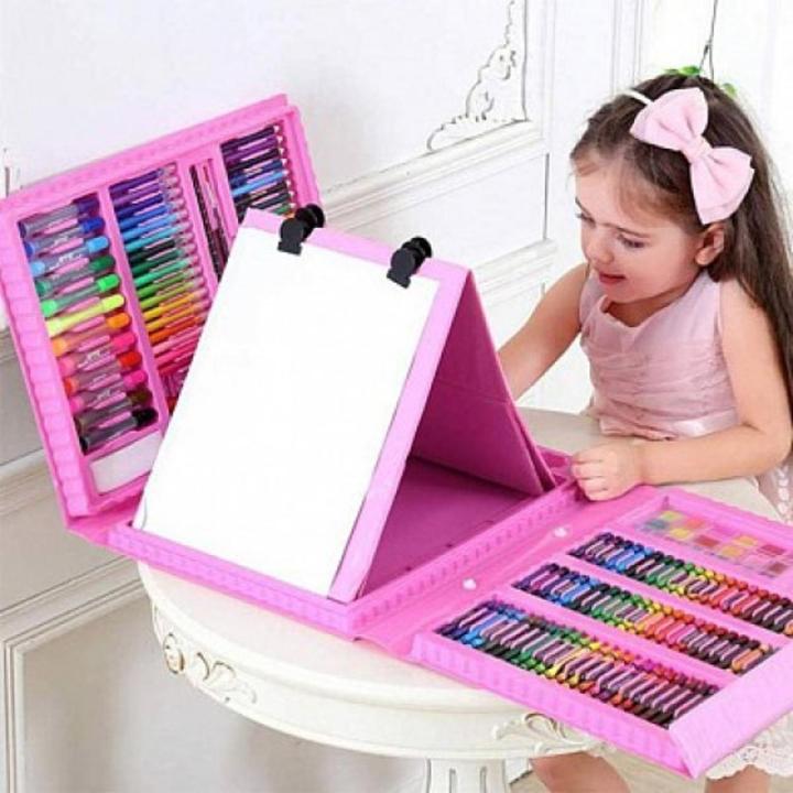 208 Pieces Double Sided Trifold Easel Art Set Portable Art Supplies Drawing Set Box With Oil Pastels Crayons Colored Pencils Markers Paint Brush Sketch Pad For Kids Gift