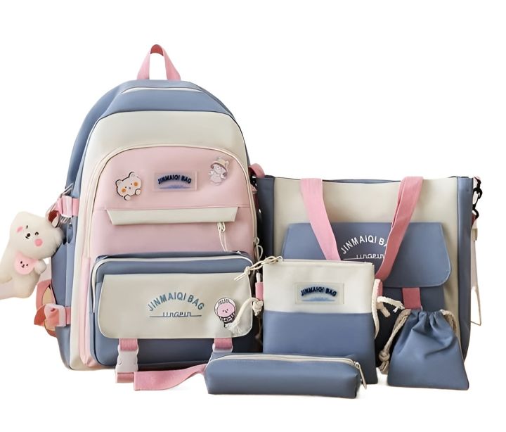 Rabify 17 Inches Canvas Material Multi Pieces Durable Imported Girl's Stylish Trendy Korean Style Bag Backpack for Girls University Bag College Backpack Set for Women School Bag
