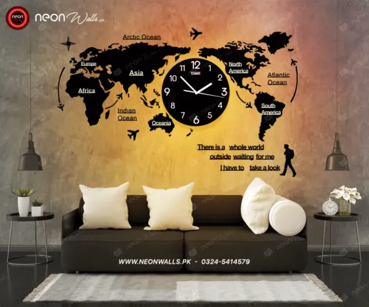 AR Decor World Map Wooden Wall Clocks with Light | 3d Laser Cut DIY ...