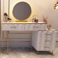 Modern White Dressing Table Set with Mirror and Tufted Stool - Geometrical Design - Makeup Vanity Desk with Storage Cabinet - Ideal for Ladies' Bedroom, Studio, and More. 