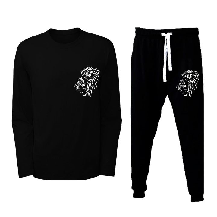 New Arrival Lion Face Printed Full Sleeves T shirt With Trouser Gym & Sports Wear Tracksuit For Men