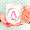 Customized mug with name, logo, picture, text printing. 