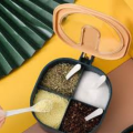 Modern Spice Kit, 4 Grid Spice Jar, Seasoning spice Container, Square Pepper Pot Box, Spice Rack Kitchen Storage, 4 grid masala box with spoon, 4 grid spice jar with free spoon. 
