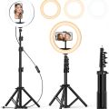 26cm Ring Light with Mobile Holder, Stand Holder and 7ft Stand, RingLight with 7 Feet Stand, Three Colours Makeup LED RingLight with Tripod Stand, Dimmable Selfie RingLight with USB for Videography and Photography. 