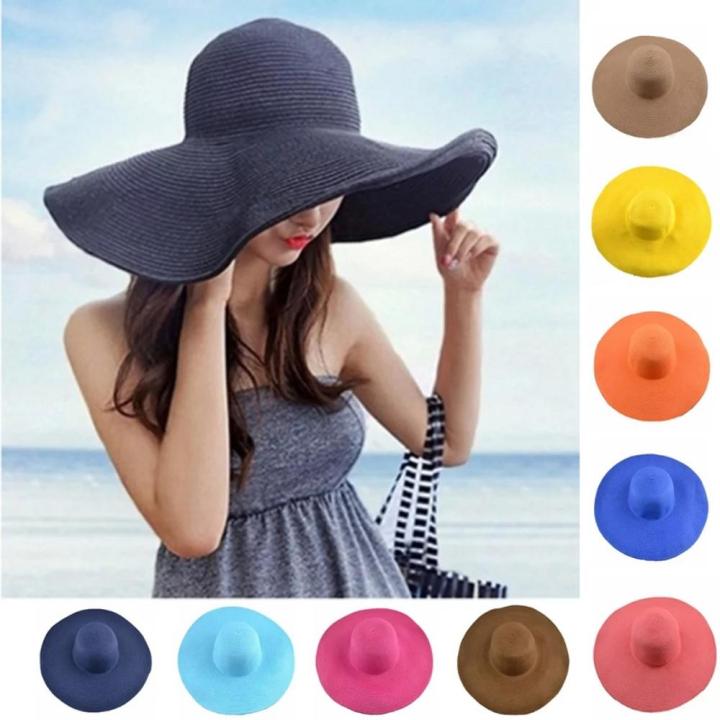 Hawaiian Style Summer Hat Solid Color Straw Sun Cap UPF 50 Straw Hat For Women Roll Up Floppy Hat For Summer Women's Wide Brim Sun Hat
