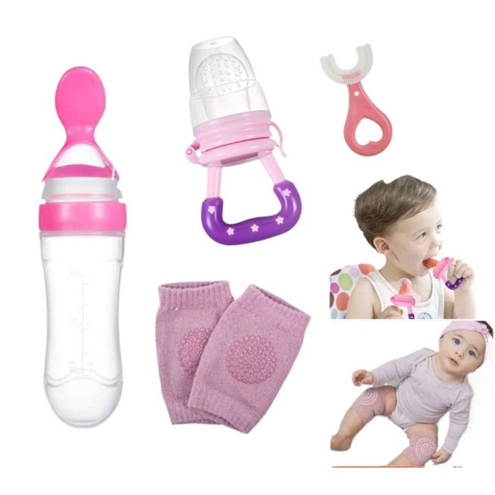 4 In 1 Pacifier/Fresh Fruit Food Baby Feeding Safe Fruit Feeder Crawling  Pads For Knee U Style Tooth Brush And Silicone  Spoon Feeding Bottle Feeding For Infant Supplies