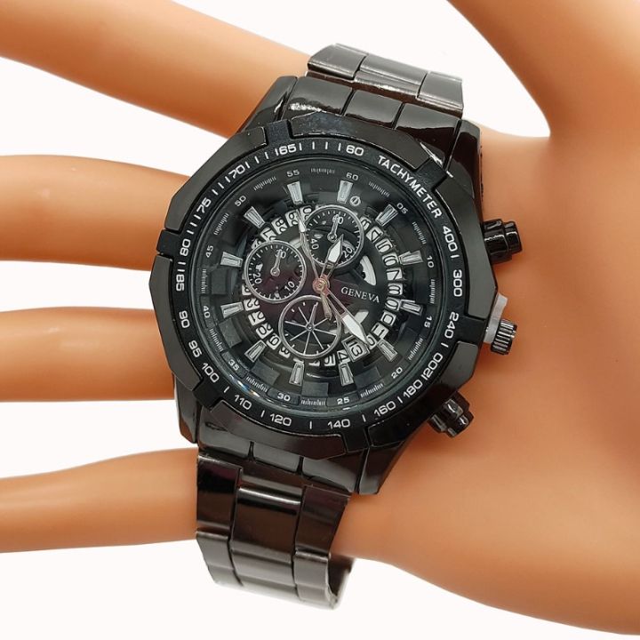 Business Casual Men's Steel Band Watch Geneva Fake Three-eye Six-hand Large Dial Calendar Quartz Watch