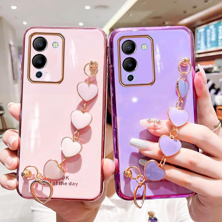 Maitus for Infinix Note 12 (G96) Back Cover with Bracelet Chain Love Heart Lanyard Fashion 6D Plating Shiny Girls Cases Soft Silicone Mobile Phone Protective Case