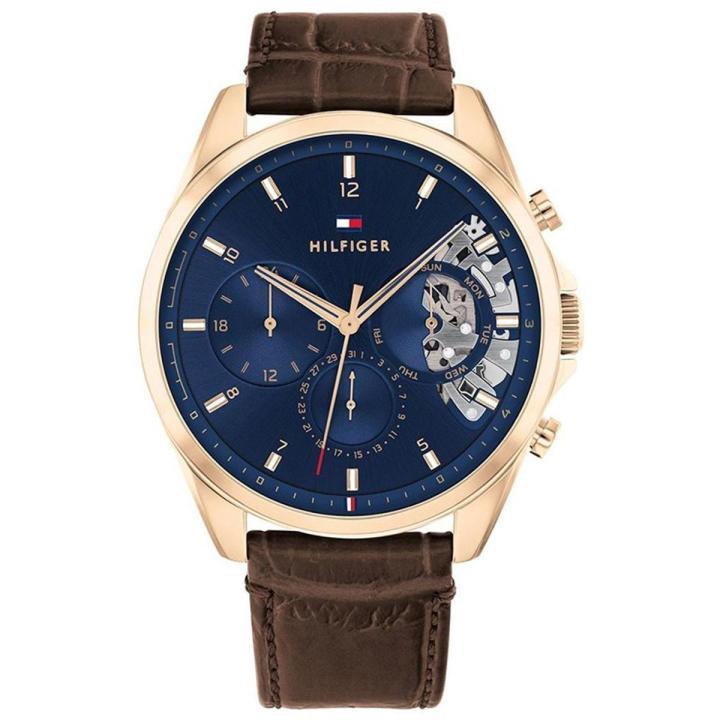 Tommy Hilfiger Wrist Watch For Men Quartz Brown Leather Strap Blue Dial 44mm Watch 1710453