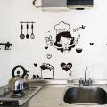 Creative Cartoon Happy Girl Chef Sticker Black PVC Loves Cooking Wall Sticker Non-toxic Cute Kitchen Decal Home Decor. 