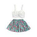 2 Pieces Kids Suit Set, Solid Color Bowknot Sleeveless Crop Tops+ Floral Print Skirt for Girls, 9 Months-4 Years. 