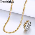 Men's Ring Necklace Jewelry Set Stainless Steel Cuban Link Chain Necklace Wedding Ring Male Jewelry Hip Hop color (Golden, Black, Silver), ring size 17,18,19,20,21. 