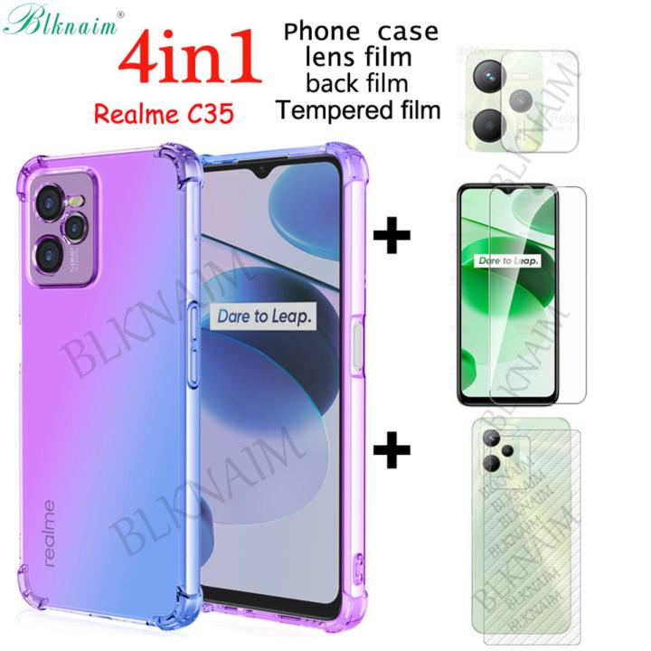 BLKNAIM (4-in-1) NEW For OPPO Realme C35 Case Anti-fall Color Mobile Phone + Full Screen clear Tempered Glass Film + Carbon Fiber Back Film + Lens Film