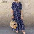 【ALLGOOD】Women Flared Short Sleeve Summer T-Shirt Dress Polka Dot Long Maxi Dress. 