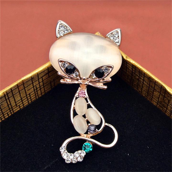 Hot Opal Stone Fox Brooches Womens Fashion Cute Animal Pin