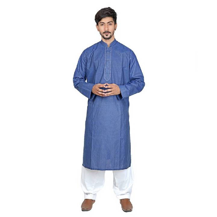 Peter Sham Branded Cotton Ink Blue Embroided Kurta For Men