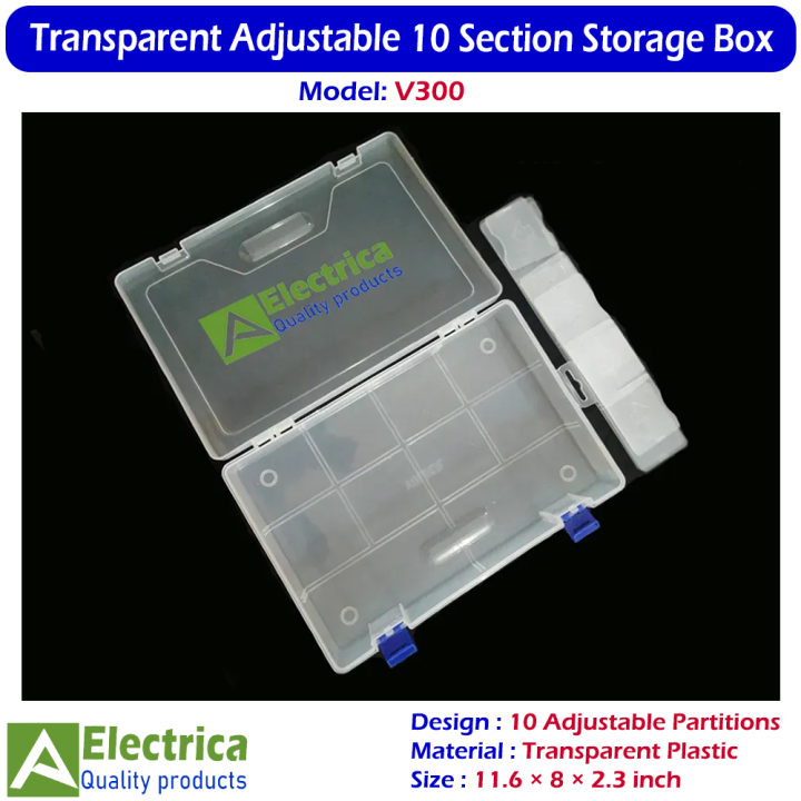 10 Section Adjustable & Removable Partitions Transparent Plastic Storage Box Organizer for Electronics Components, Jewelry & DIY Accessories by Electrica