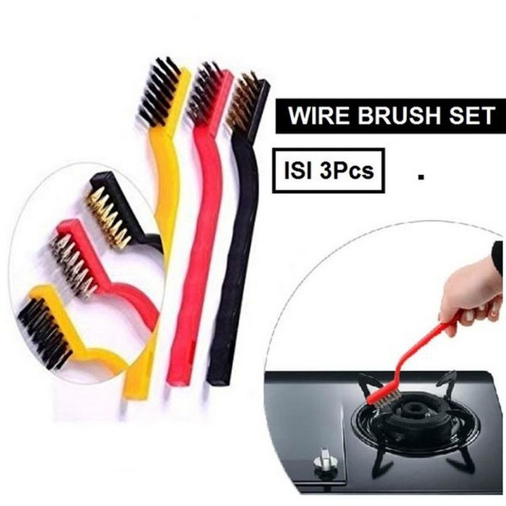 Brush Set of 3 Pc Mini Wire Brush Cleaning Tool Kit Brass, Nylon, Stainless Steel Bristles, Gas Cleaning Brushes Iron Nylon Copper Wire for Car Kitchen Gas Stove Cleaning Tool