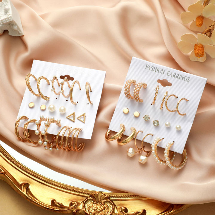 Vintage Gold Hoop Earrings Set - Women Girl Pearl Circle Hoop Earring -Big Piercing Fashion Charm Jewelry Gifts