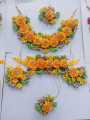 Artificial flowers Handmade Flower Jewelry Set for Brides-Choker Necklace, Bracelet with Ring, Earrings & Tika. Bridal jewelry set indian, Bridal jewellery set Mehndi, mayon flower jewelry, Mehndi accessories, Mehndi Jewellery set for girls for Bridals. 