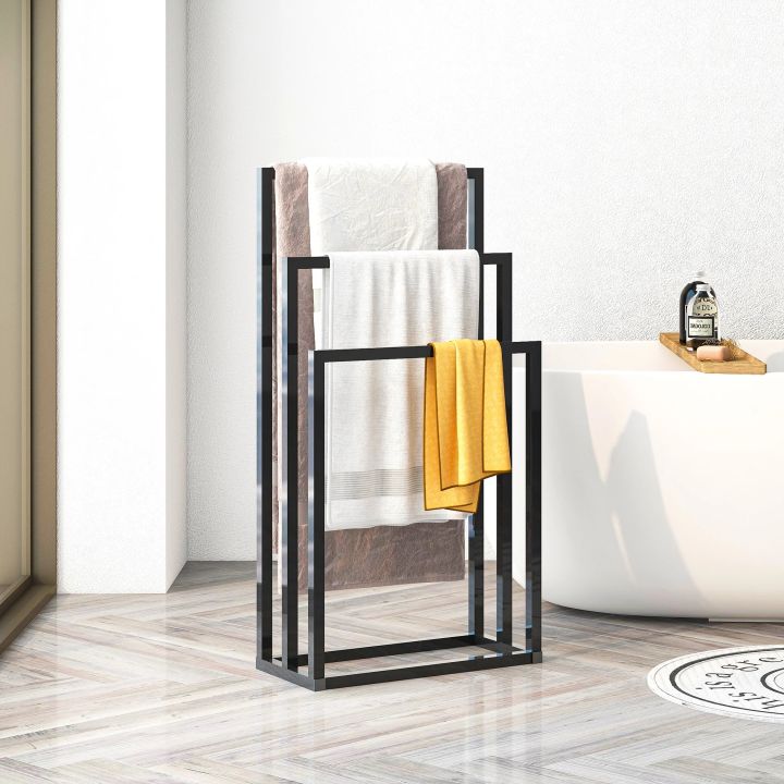 Freestanding 3-Tier Standing Towel Rack – Industrial Loft Towel Stand with Towel Rail for Bathroom & Washroom, Space-Saving Towel Holder Organizer for Room, Bedroom, Kitchen & Outdoor Drying