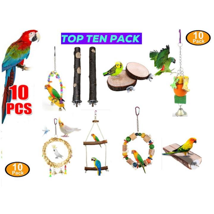 10 Packs Bird Parrot natural wooden Chewing Toys - Hanging Bell Birds Cage Toys Suitable for all types of Parakeets, Cockatiel, Conures,Finches,Budgie,Macaws, Parrots, Love Birds